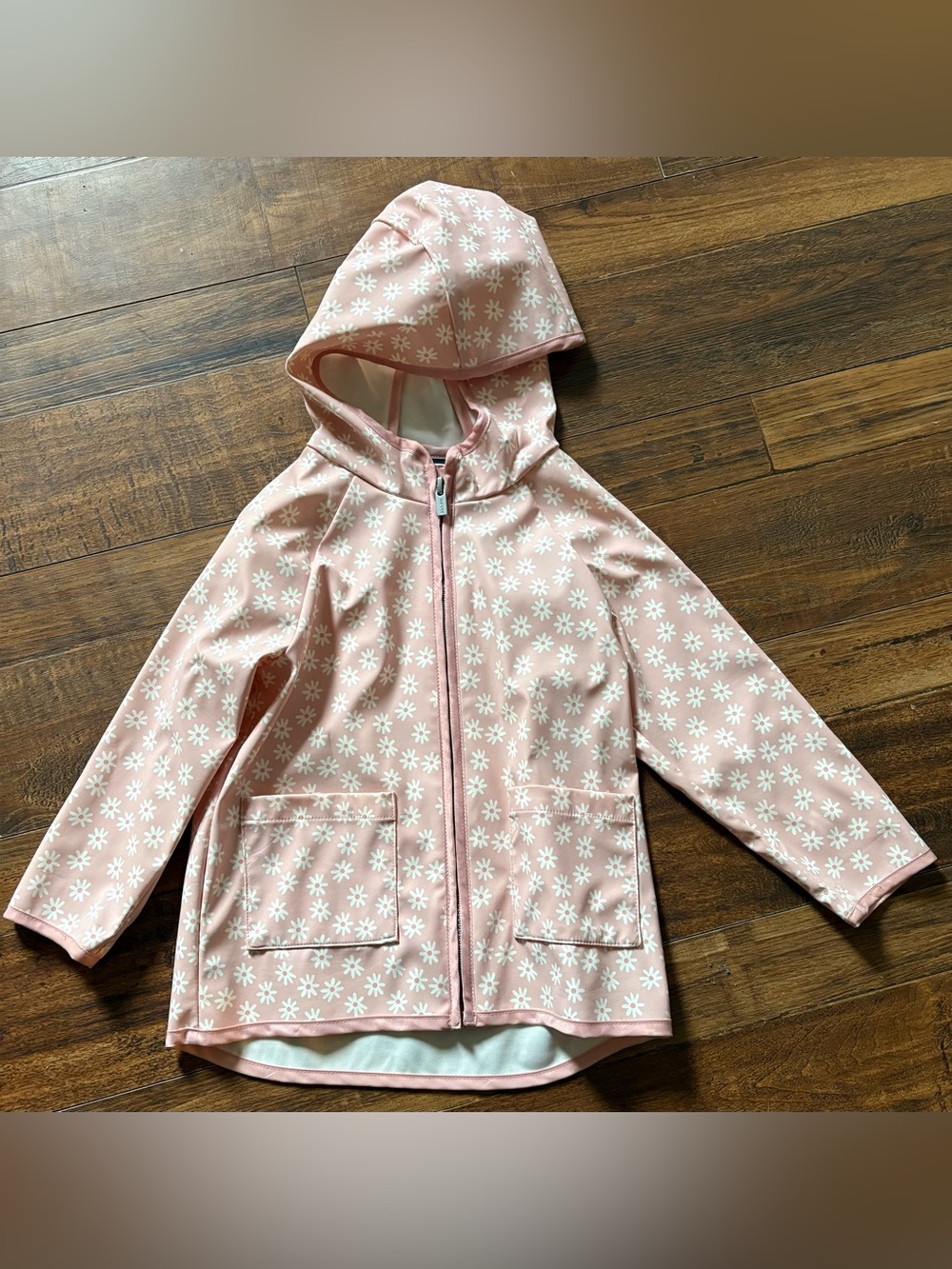 Old Navy Pink Hooded Raincoat with White Flower Print